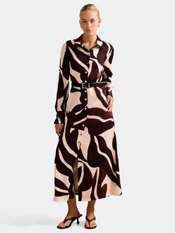 Forever New Elliana Printed Long Sleeve Collar Midi Shirt Dress, Choc Nusa Leaf