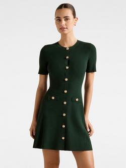 Forever New Mallory Round Neck Flared Short Sleeve Knit Mini Dress, Deep Green