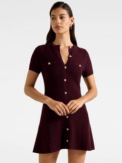 Forever New Rosa Knit Short Sleeve Button Neck Mini Dress, Berry