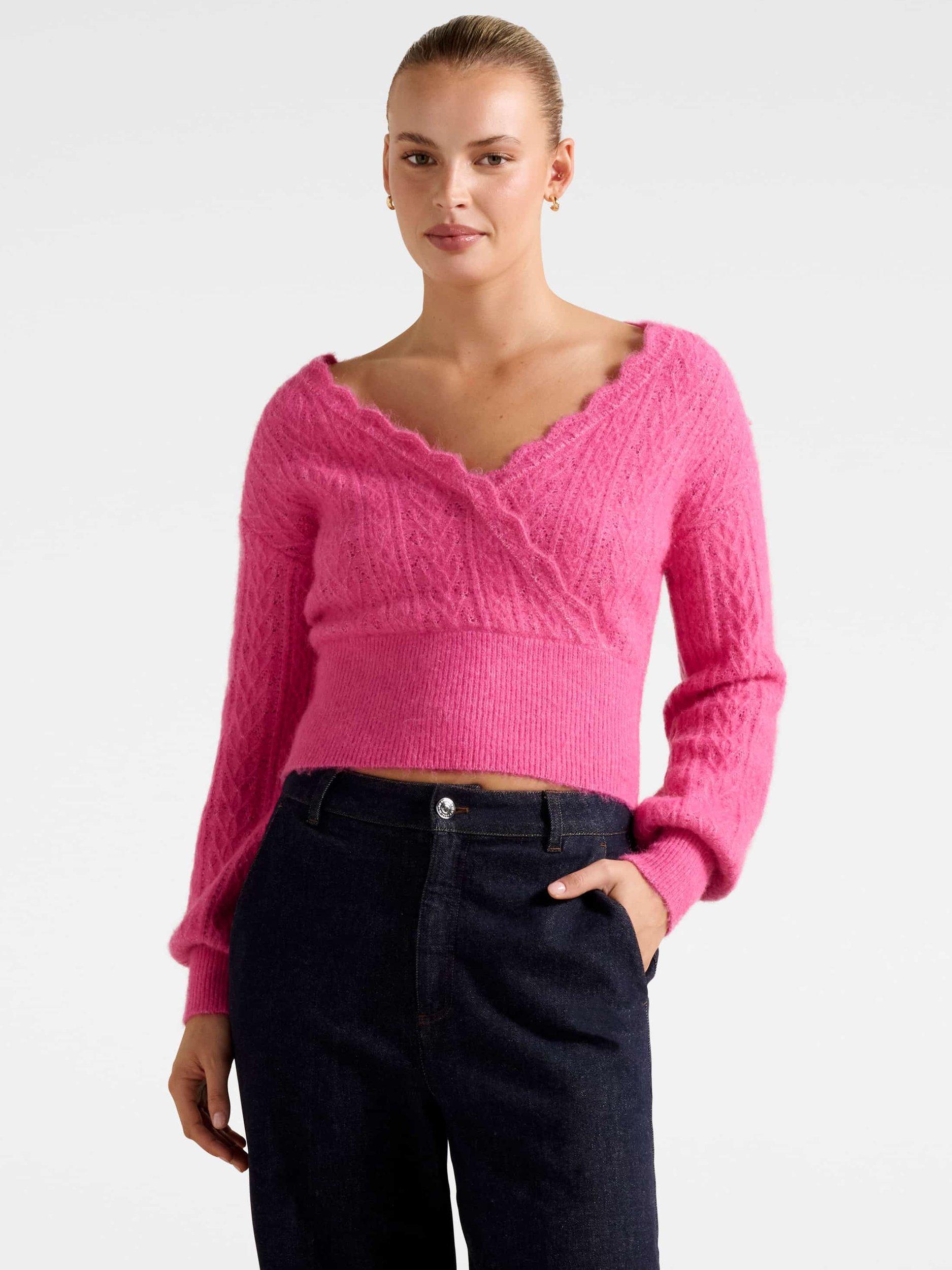Product image 1 of 5, which shows Forever New Kylie Long Sleeve Wrap Over Neck Sweater, Pink, L
