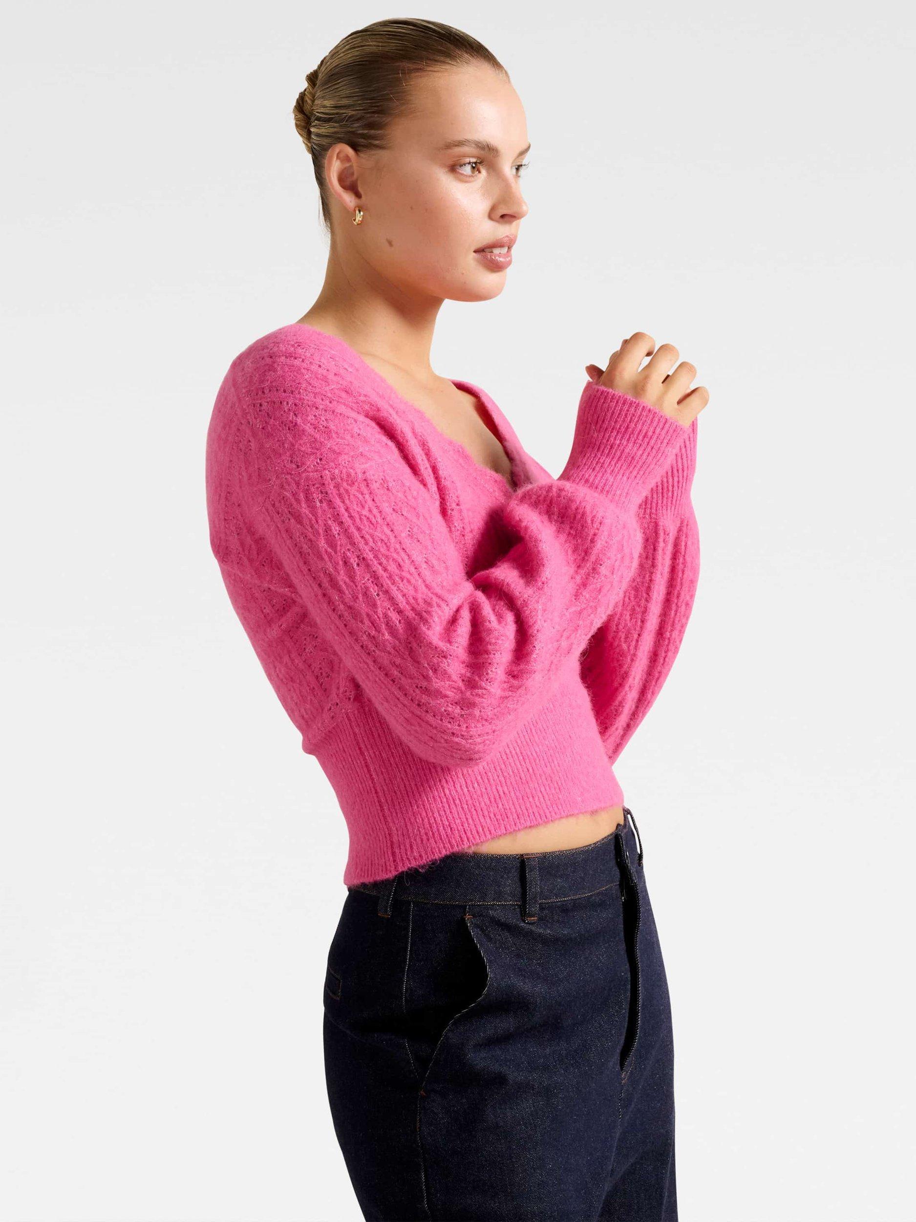 Product image 3 of 5, which shows Forever New Kylie Long Sleeve Wrap Over Neck Sweater, Pink, L