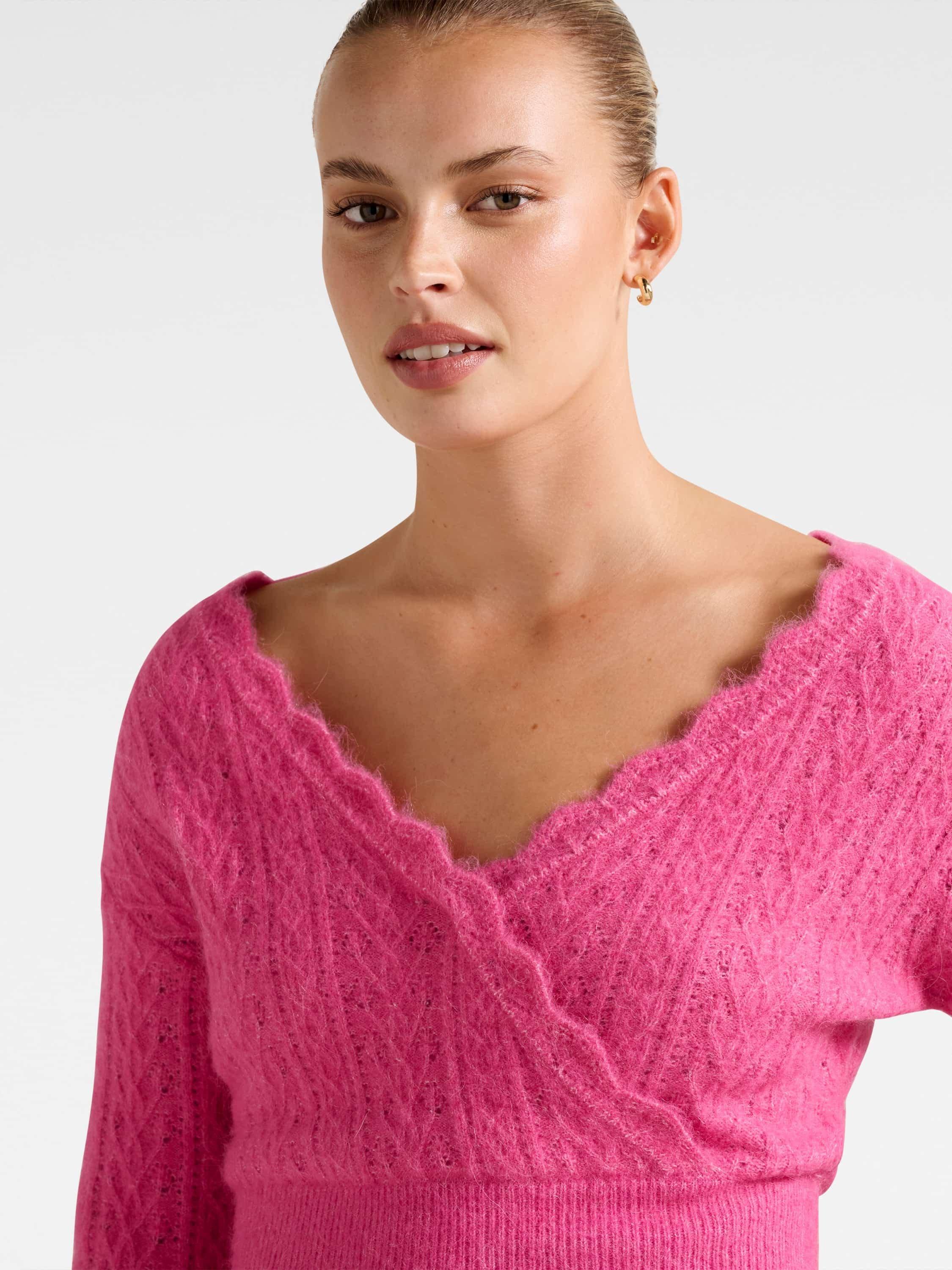 Product image 4 of 5, which shows Forever New Kylie Long Sleeve Wrap Over Neck Sweater, Pink, L