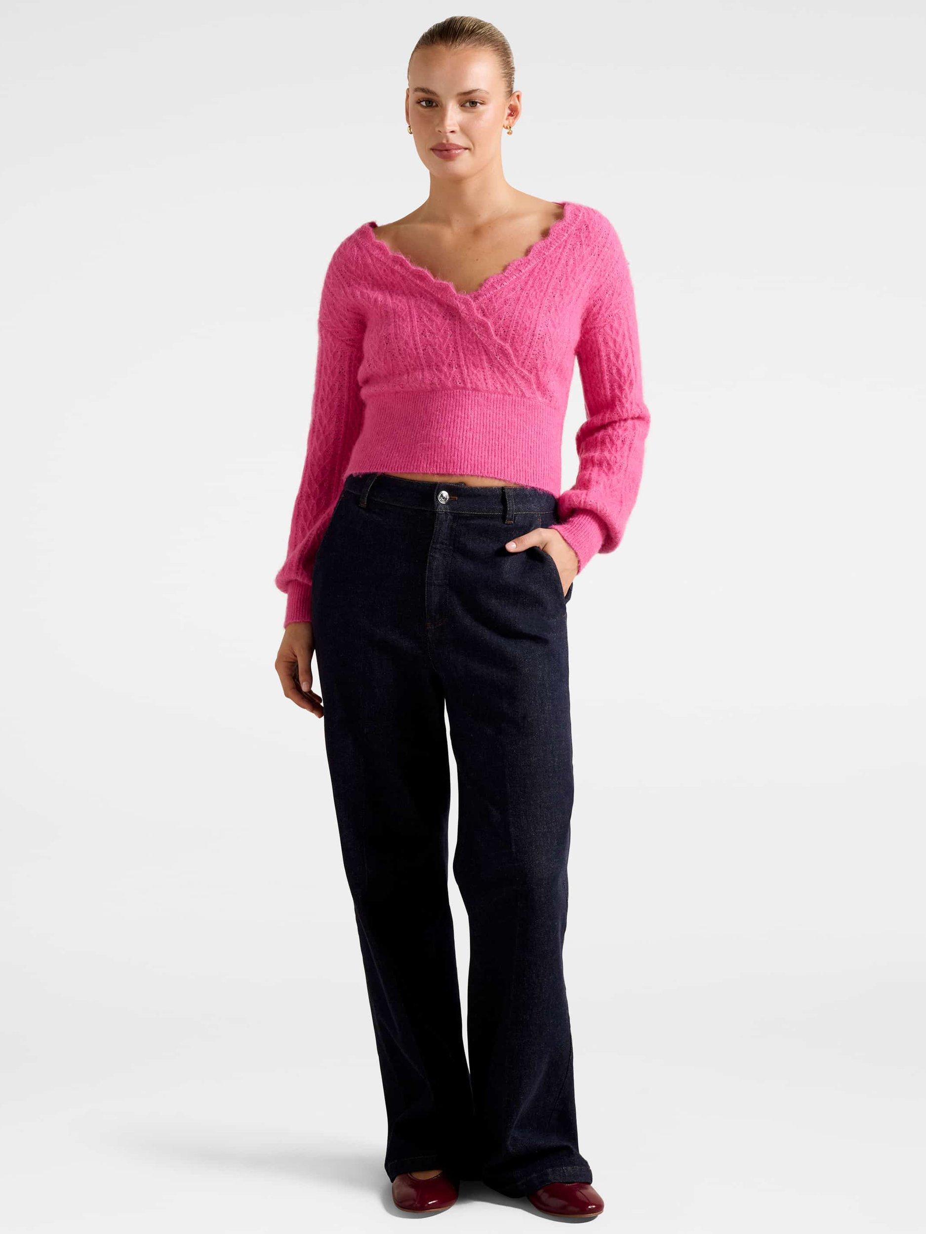 Product image 5 of 5, which shows Forever New Kylie Long Sleeve Wrap Over Neck Sweater, Pink, L