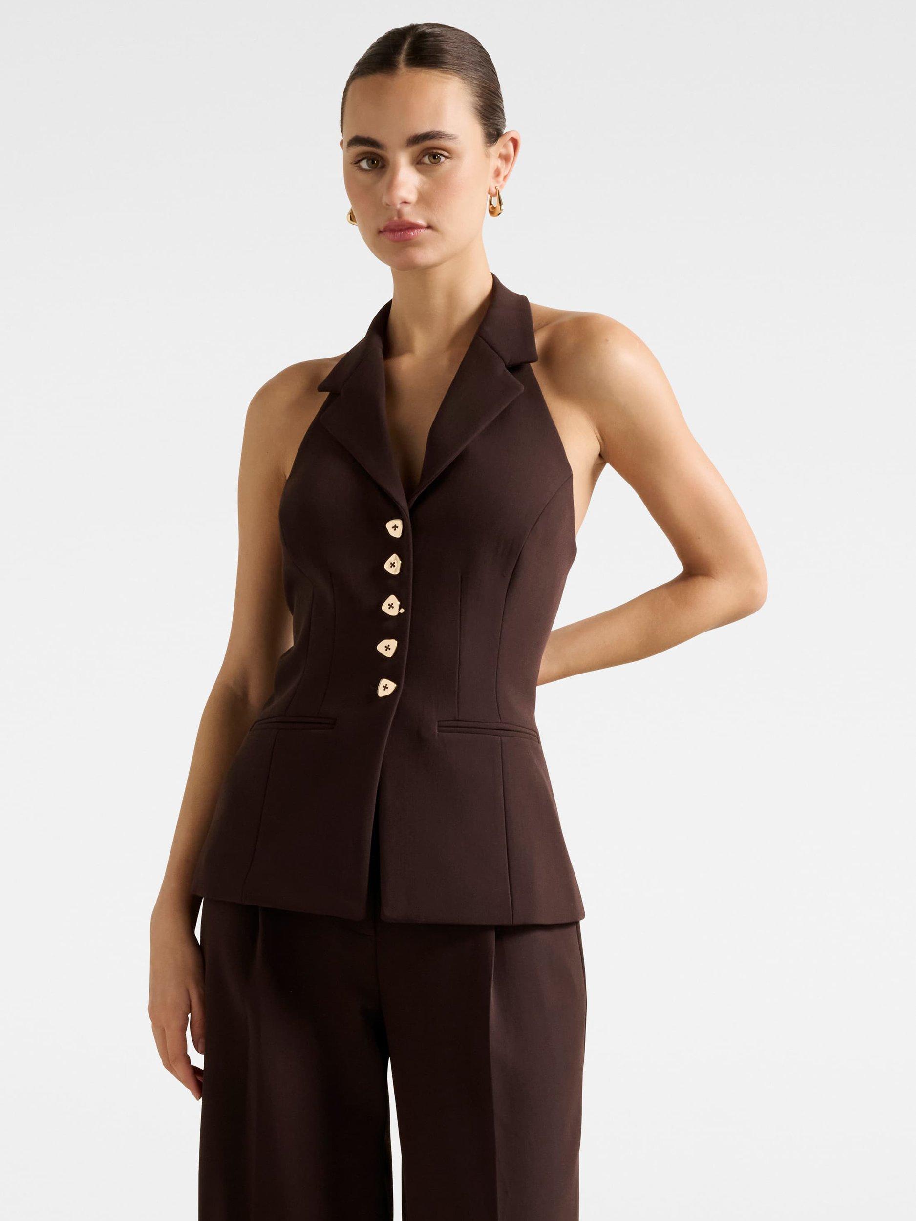 Product image 1 of 5, which shows Forever New Briony Slim Tailored Waistcoat, Chocolate, 4