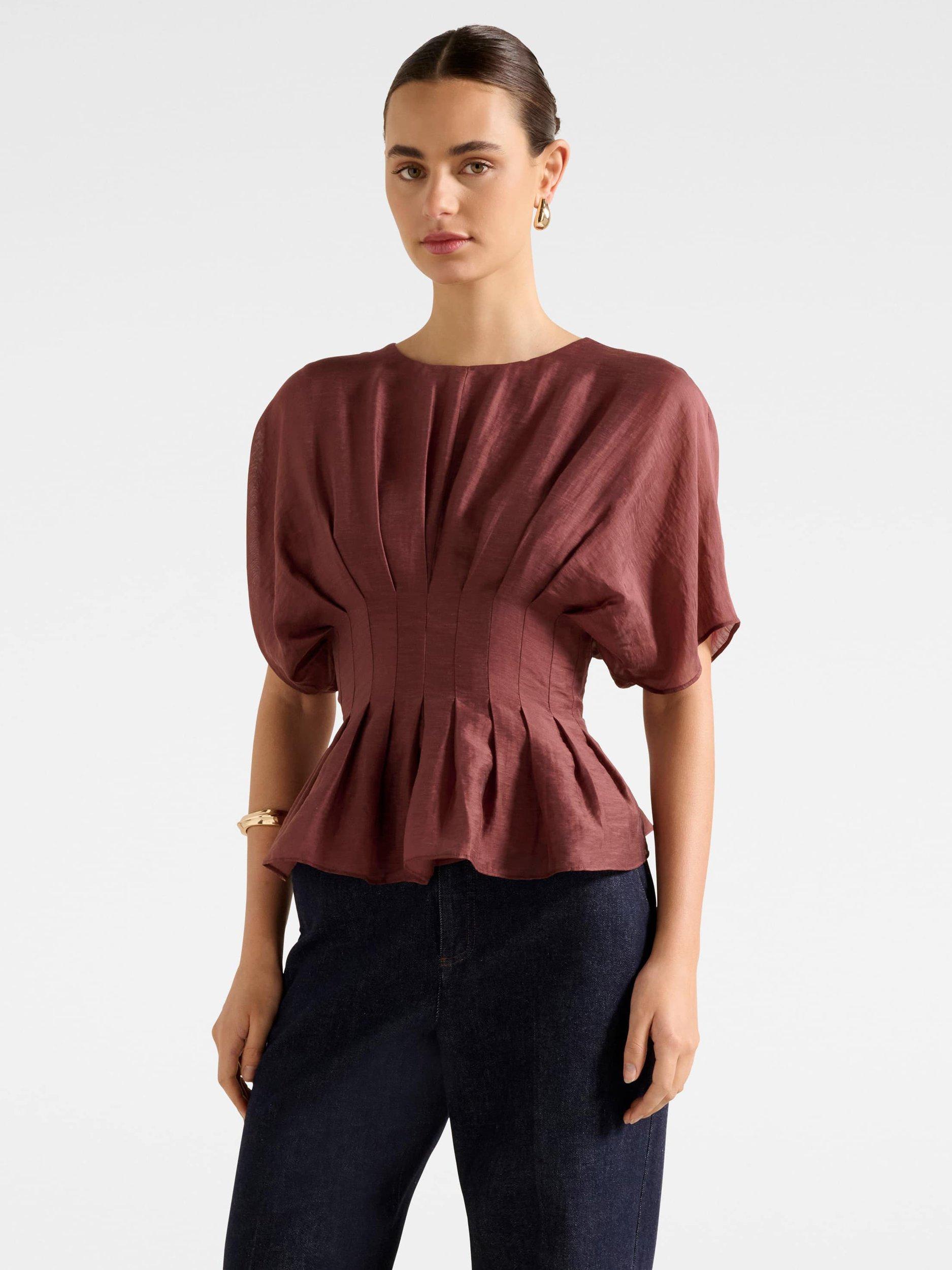 Product image 1 of 5, which shows Forever New Olive Pleated Top, Ganache, 4