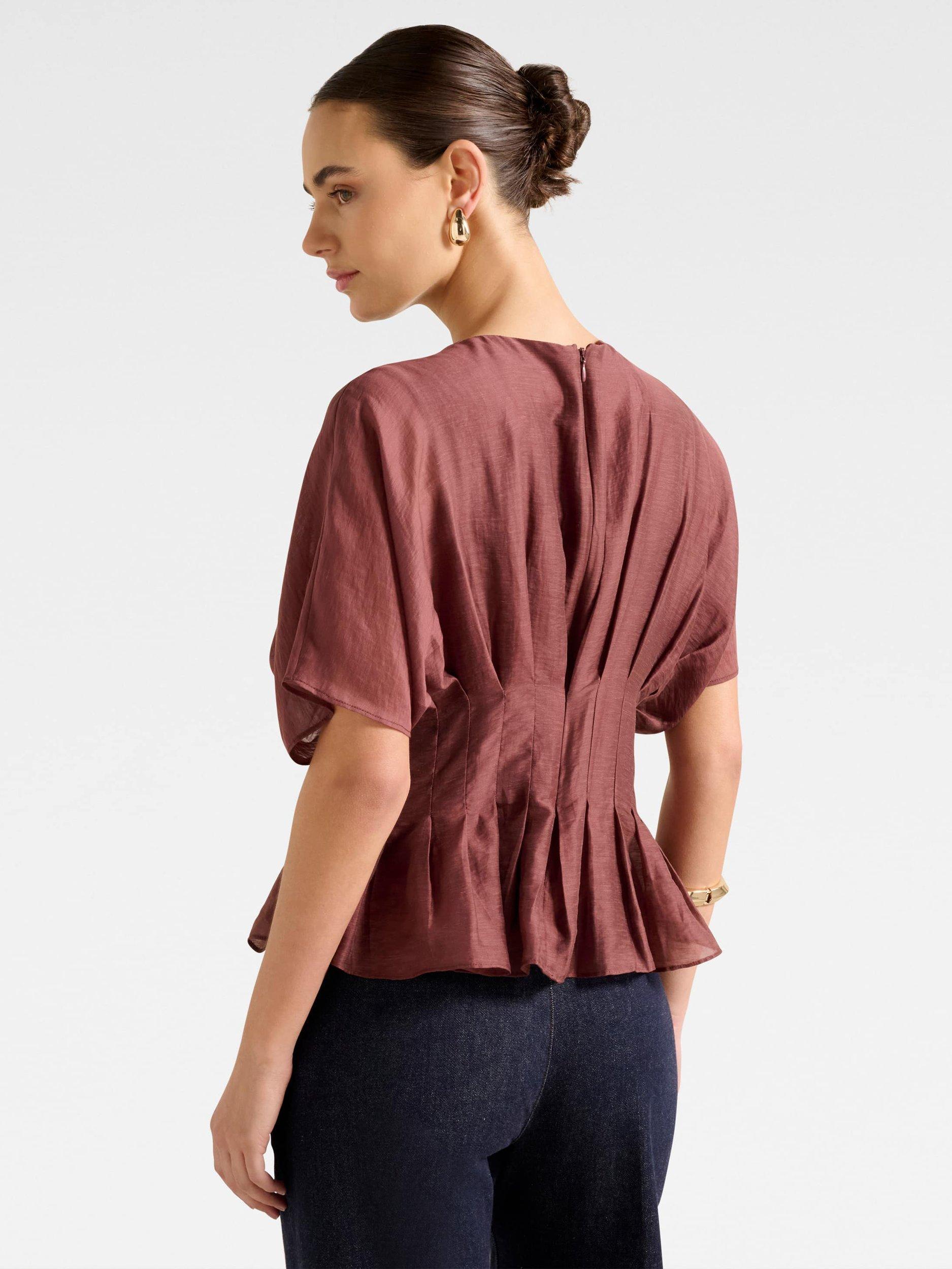 Product image 2 of 5, which shows Forever New Olive Pleated Top, Ganache, 4