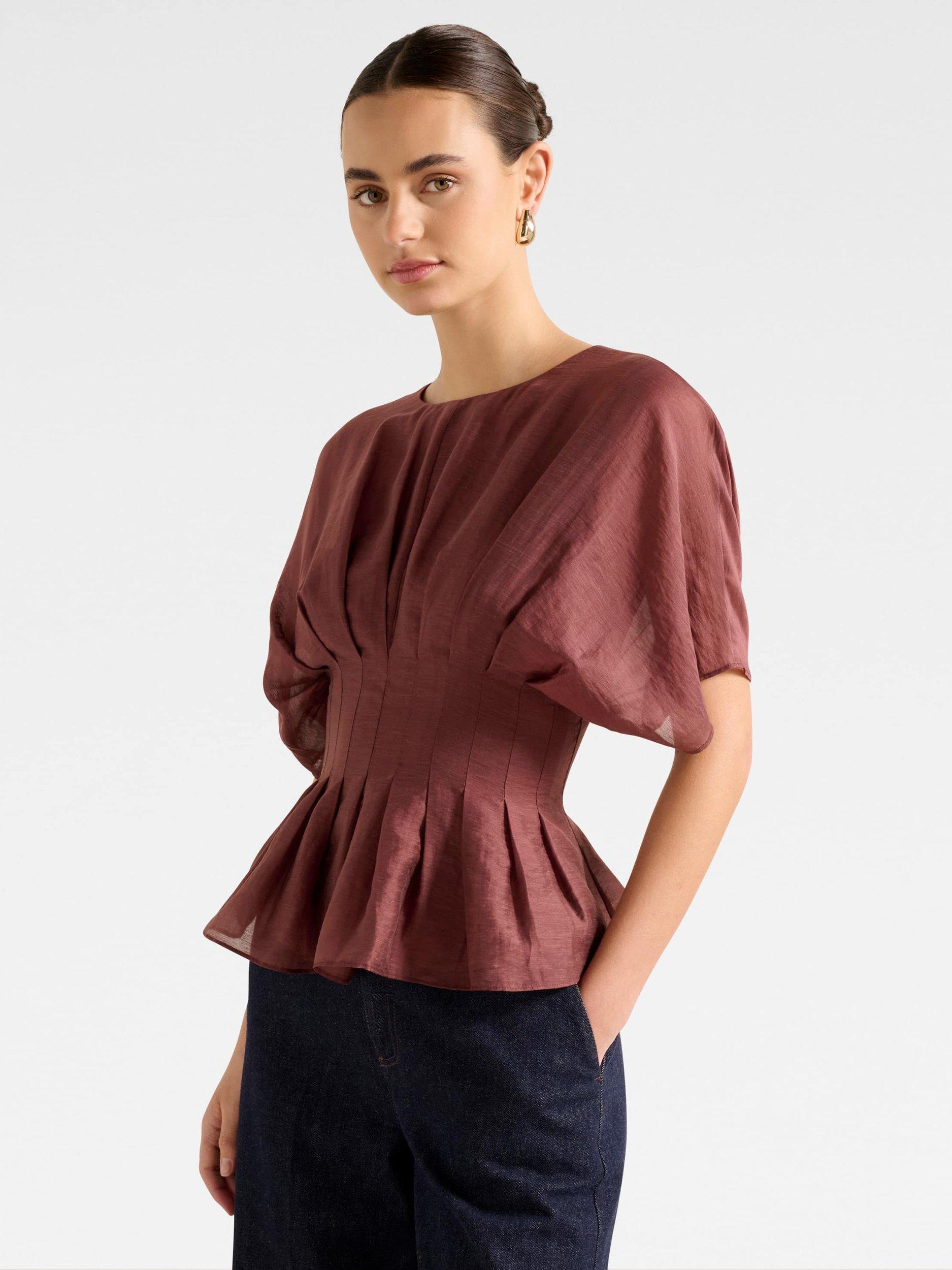 Product image 3 of 5, which shows Forever New Olive Pleated Top, Ganache, 4