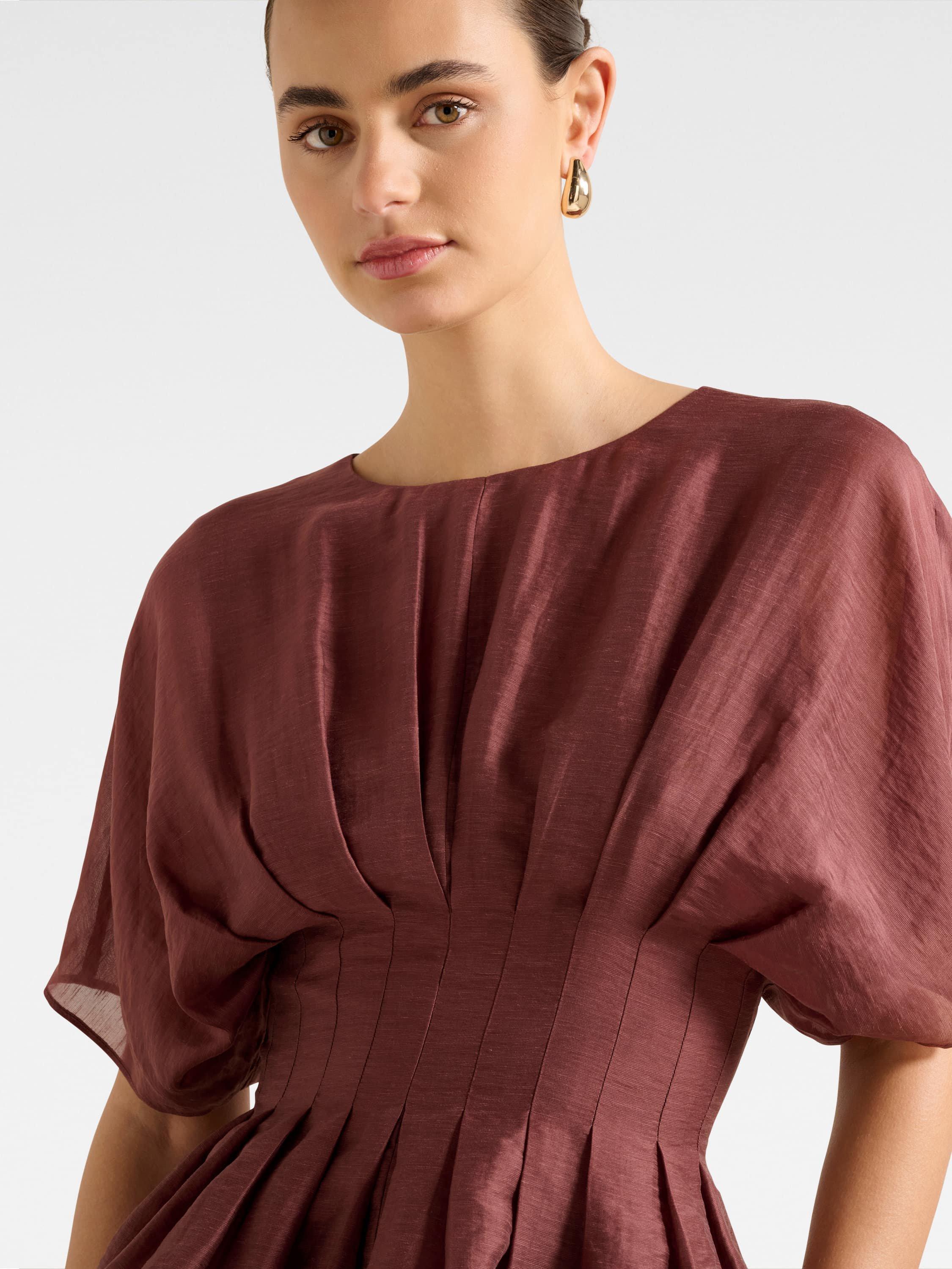 Product image 4 of 5, which shows Forever New Olive Pleated Top, Ganache, 4