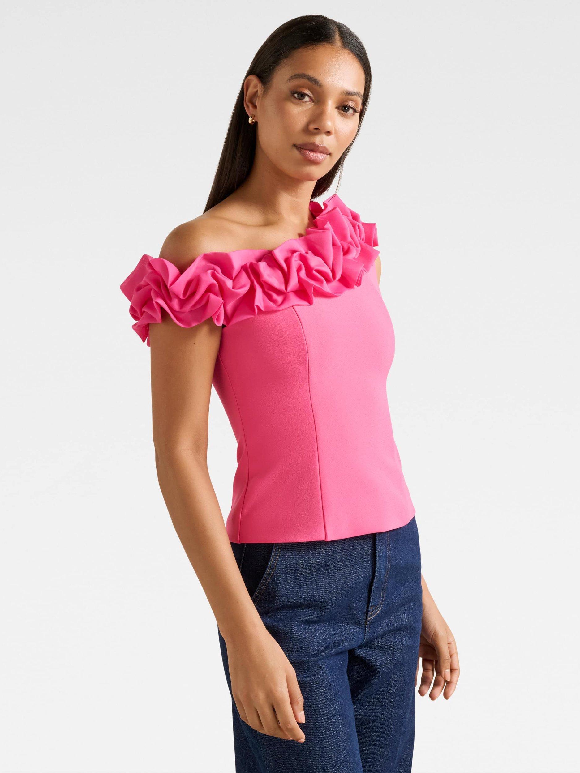 Product image 3 of 5, which shows Forever New Sadie One Shoulder Asymmetric Neck Ruffle Top, Fuchsia Purple, L