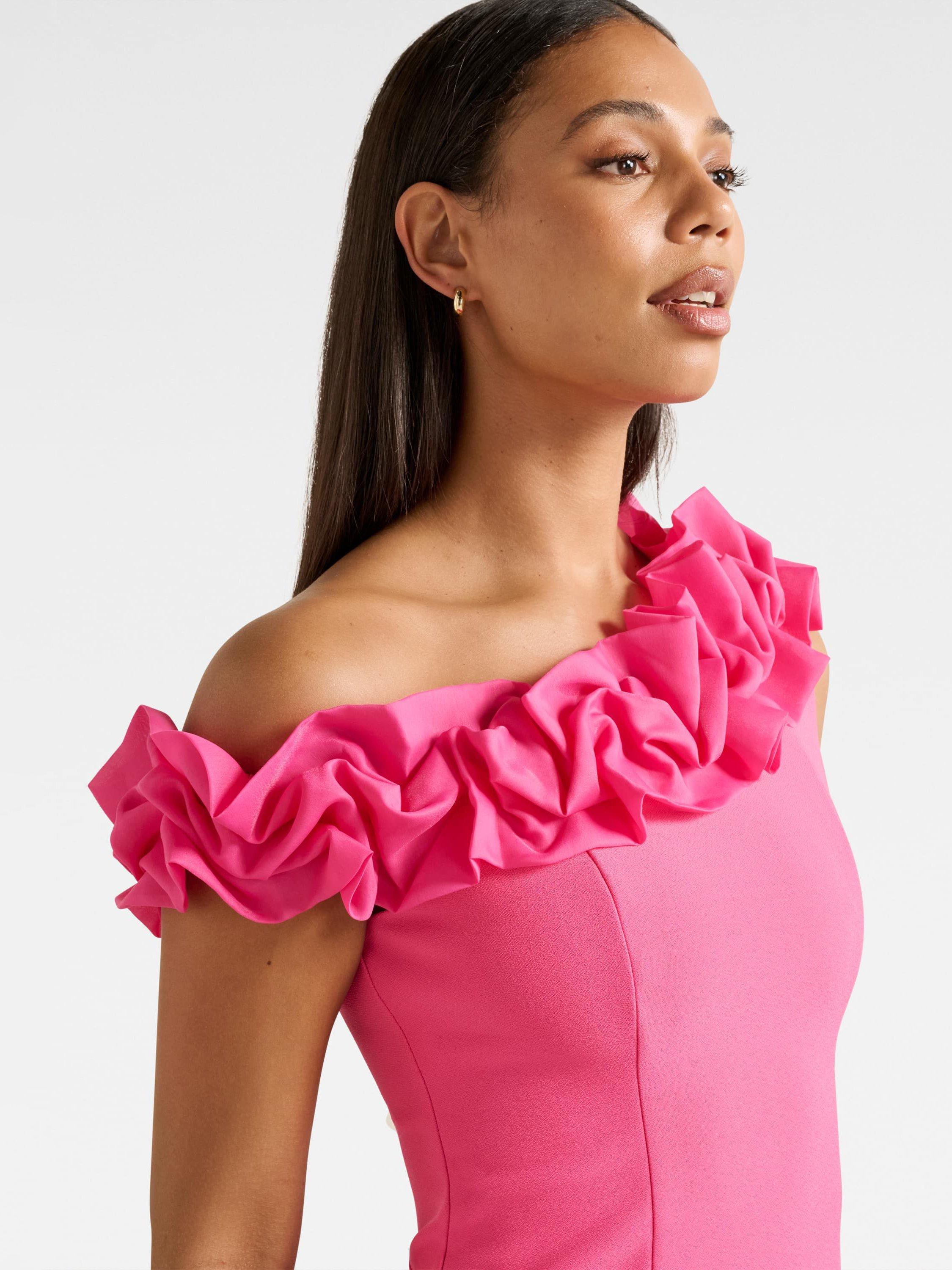 Product image 4 of 5, which shows Forever New Sadie One Shoulder Asymmetric Neck Ruffle Top, Fuchsia Purple, L