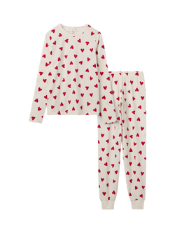 Polarn O. Pyret Cotton Blend Heart Print Pyjama Set, White, White