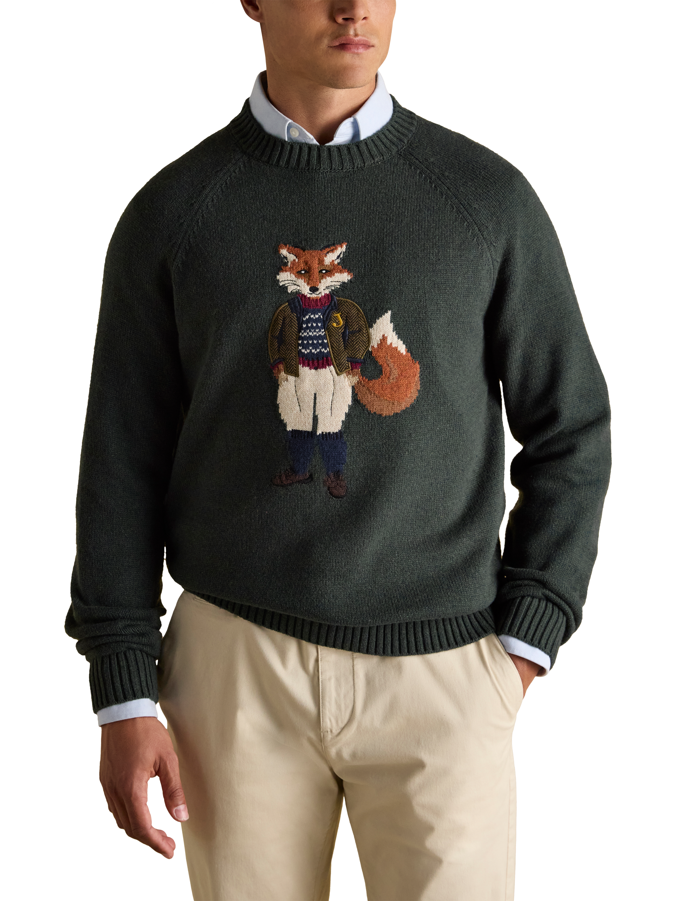 Product image 1 of 5, which shows Joules Cotton Blend Knitted Fox Jumper, Green, S