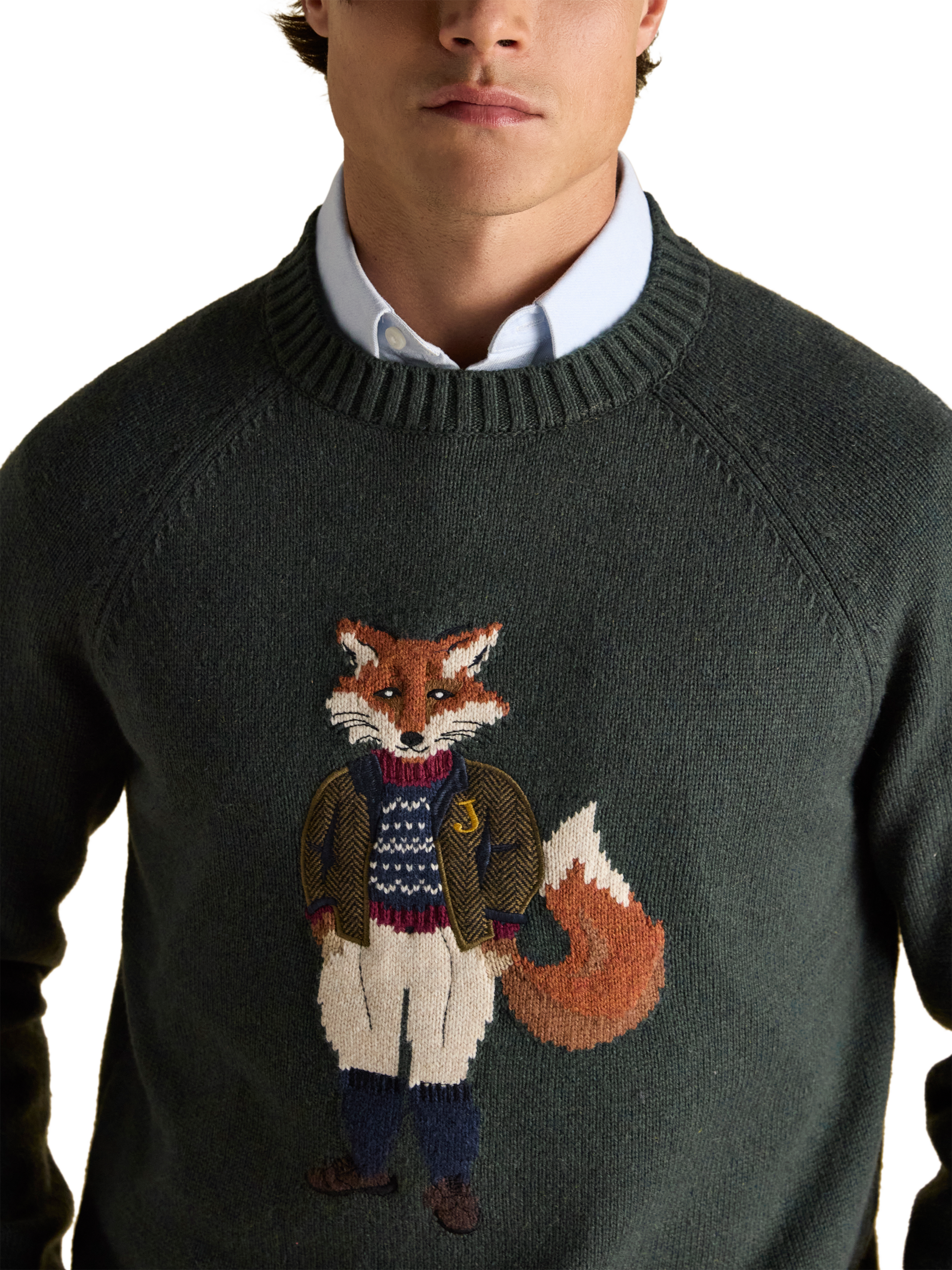 Product image 3 of 5, which shows Joules Cotton Blend Knitted Fox Jumper, Green, S