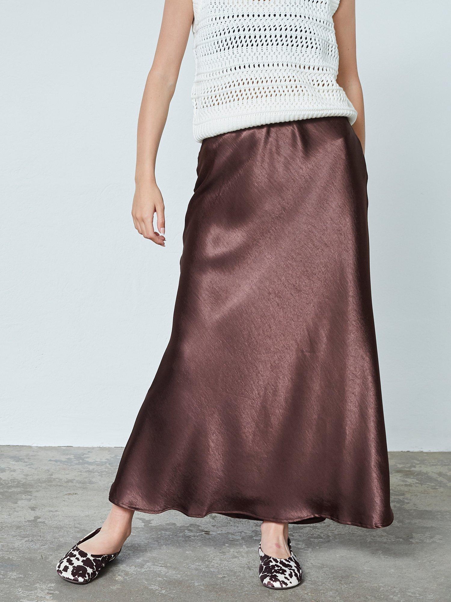 Product image 1 of 2, which shows Sisters Point Gewo Satin Midi Skirt, Brown, XS