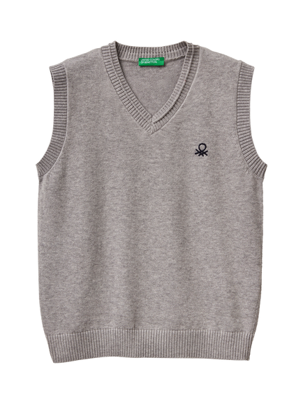 Benetton Kids' Cotton Sleeveless V Neck Vest, Grey