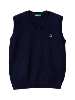 Benetton Kids' Cotton Sleeveless V Neck Vest, Navy Blue