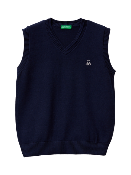 Benetton Kids' Cotton Sleeveless V Neck Vest, Navy Blue