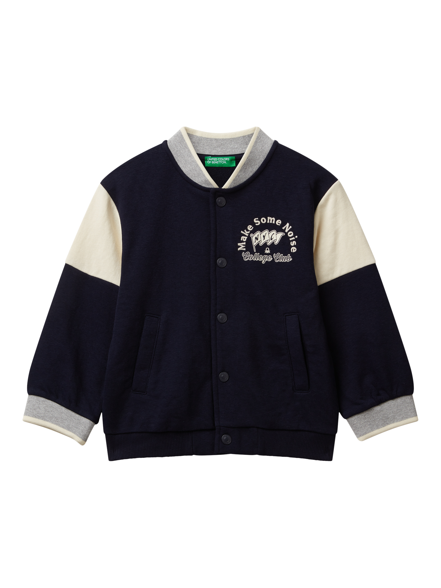 Product image 1 of 3, which shows Benetton Kids' Cotton Blend Bomber Sweatshirt, Blue/Multi, 3-4 years
