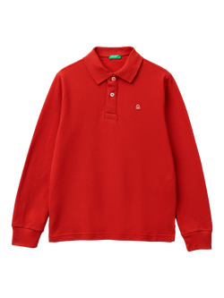 Benetton Kids' Cotton Long Sleeved Polo Shirt, Red, Red