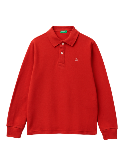 Benetton Kids' Cotton Long Sleeved Polo Shirt, Red, Red