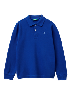 Benetton Kids' Long Sleeve Polo Shirt, Mid Blue, Mid Blue