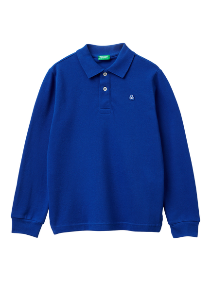 Benetton Kids' Long Sleeve Polo Shirt, Mid Blue, Mid Blue