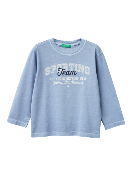 Benetton Kids' Printed Long Sleeve T-Shirt, Mid Blue, Mid Blue