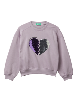 Benetton Kids' Long Sleeve Sequin Heart Cotton Sweatshirt, Violet, Violet