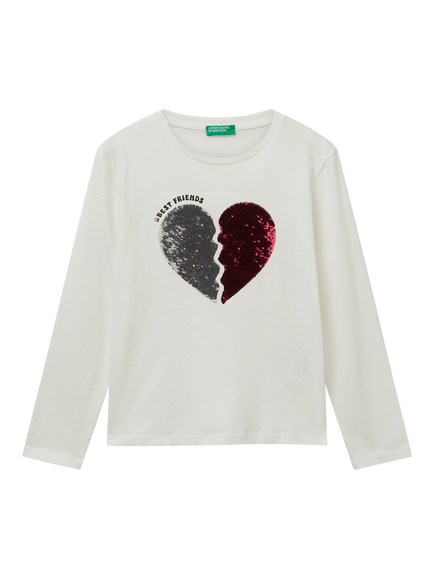 Benetton Kids' Cotton Long Sleeved Glitter Heart T-Shirt, White, White