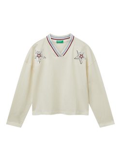 Benetton Kids' Cotton V-Neck Sequin Star Top, White, White