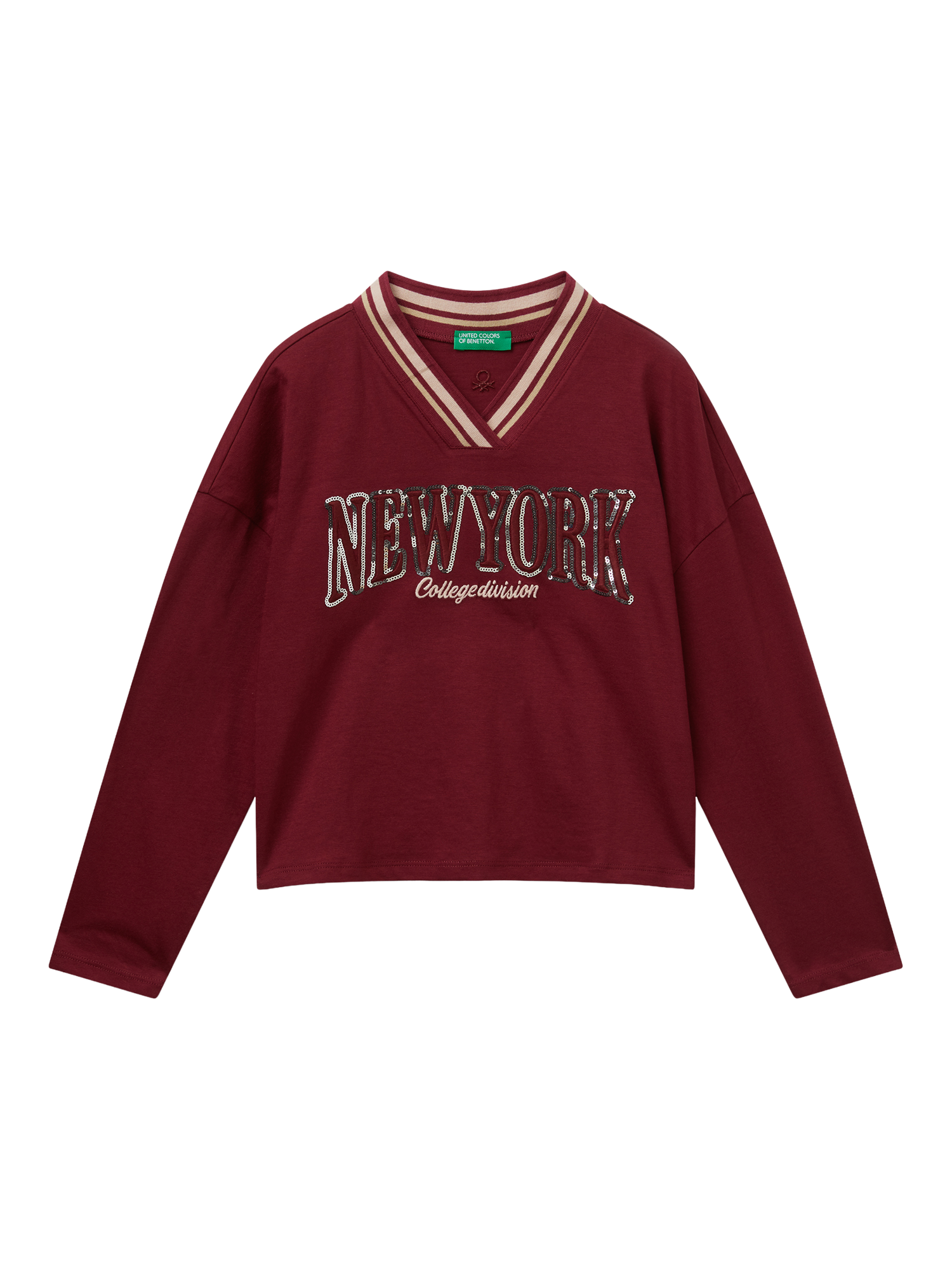 Product image 1 of 3, which shows Benetton Kids' Cotton V-Neck Sequin Slogan Top, Red, 6-7 years