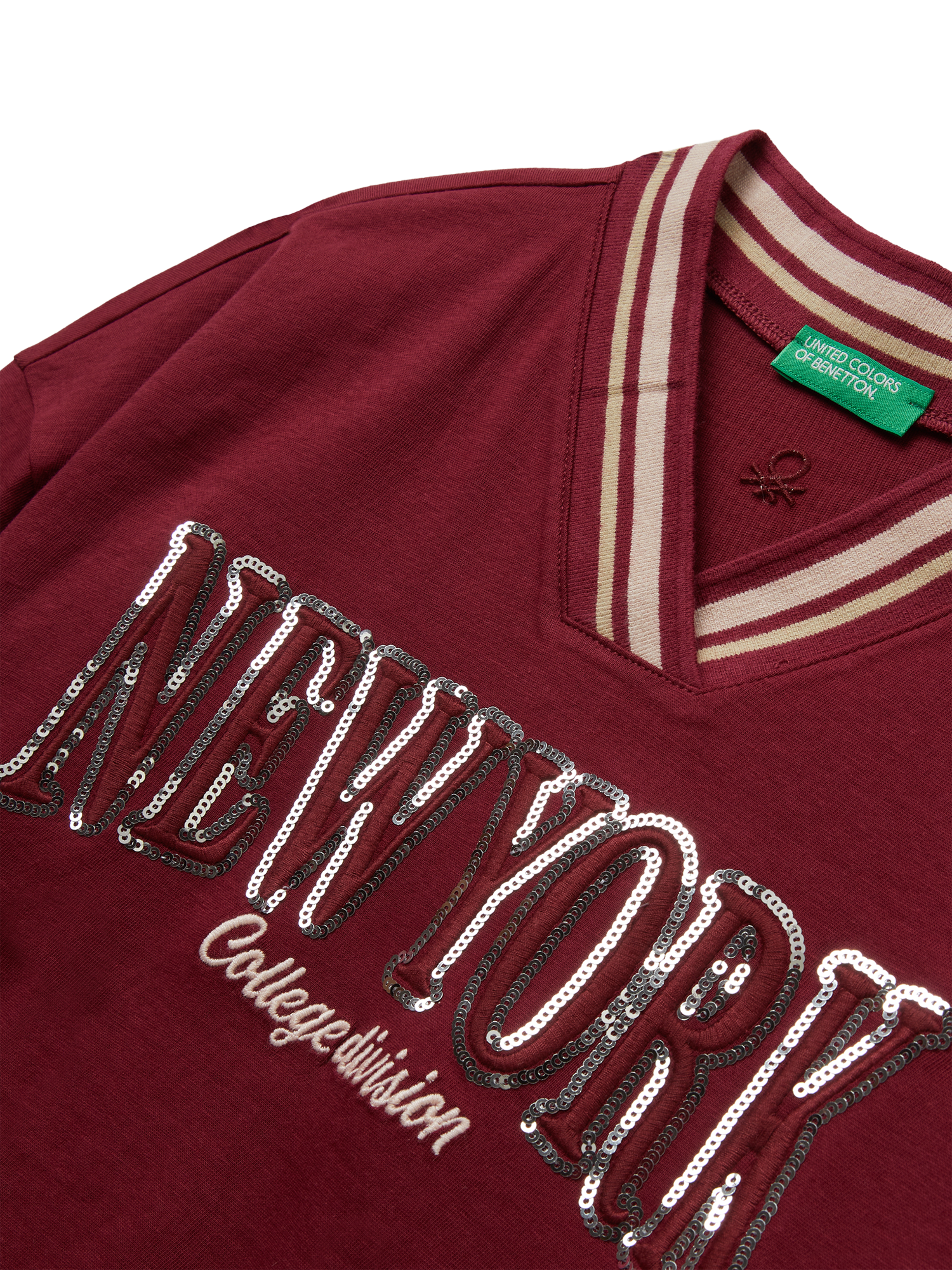 Product image 3 of 3, which shows Benetton Kids' Cotton V-Neck Sequin Slogan Top, Red, 6-7 years