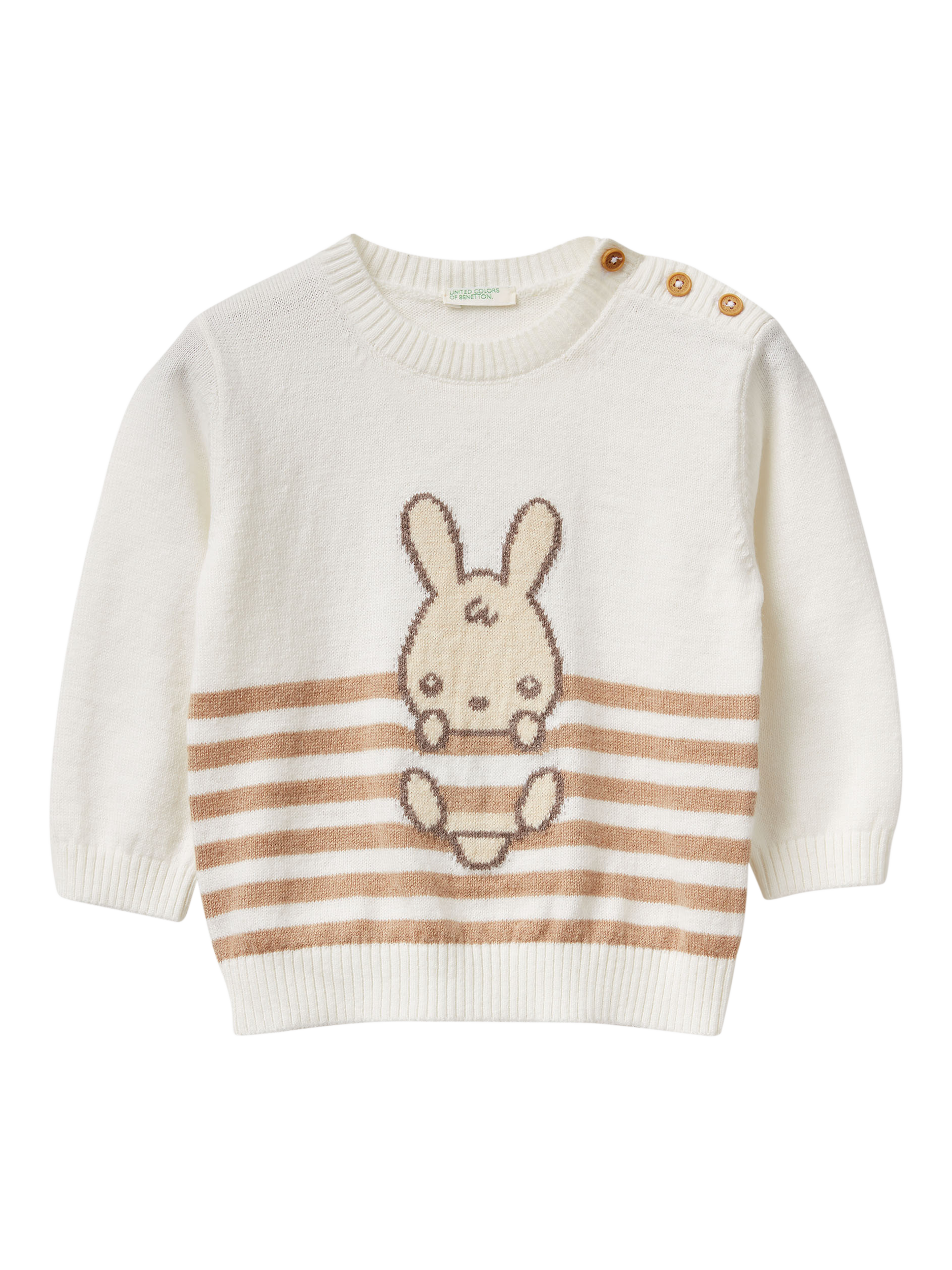 Product image 1 of 3, which shows Benetton Kids' Cotton Blend Crew Neck Jumper, White, 1-3 months