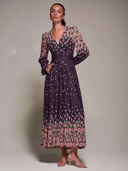 Jolie Moi Floral Mirrored Mesh Maxi Dress, Purple Floral, Purple Floral