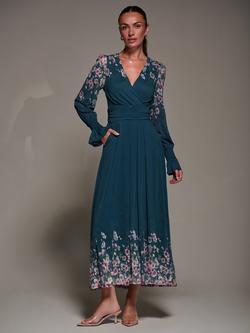 Jolie Moi Floral Mirrored Mesh Maxi Dress, Teal Floral, Teal Floral