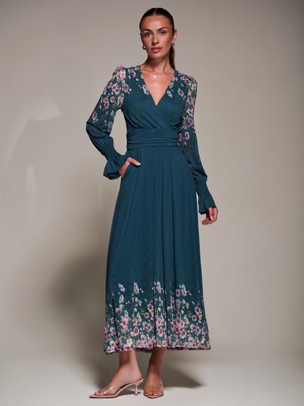 Jolie Moi Floral Mirrored Mesh Maxi Dress, Teal Floral, Teal Floral