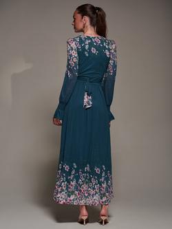 Jolie Moi Floral Mirrored Mesh Maxi Dress, Teal Floral - view 2, Teal Floral