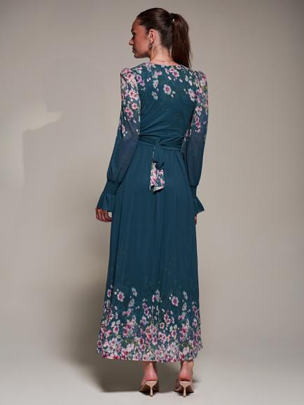 Jolie Moi Floral Mirrored Mesh Maxi Dress, Teal Floral - view 2, Teal Floral