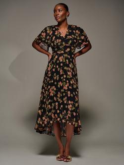 Jolie Moi Floral Pleated Chiffon Midaxi Dress, Black Floral, Black Floral