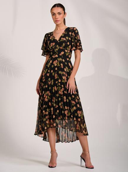 Jolie Moi Floral Pleated Chiffon Midaxi Dress, Black Floral, Black Floral