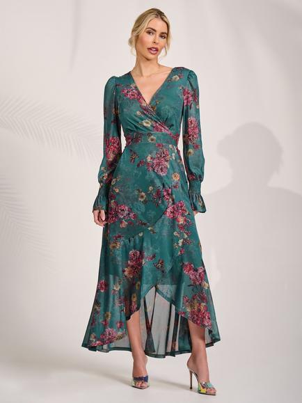 Jolie Moi Floral Frill Hem Mesh Dress, Green Floral, Green Floral