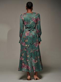 Jolie Moi Floral Frill Hem Mesh Dress, Green Floral - view 2, Green Floral