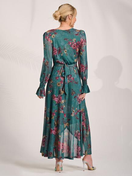 Jolie Moi Floral Frill Hem Mesh Dress, Green Floral - view 2, Green Floral