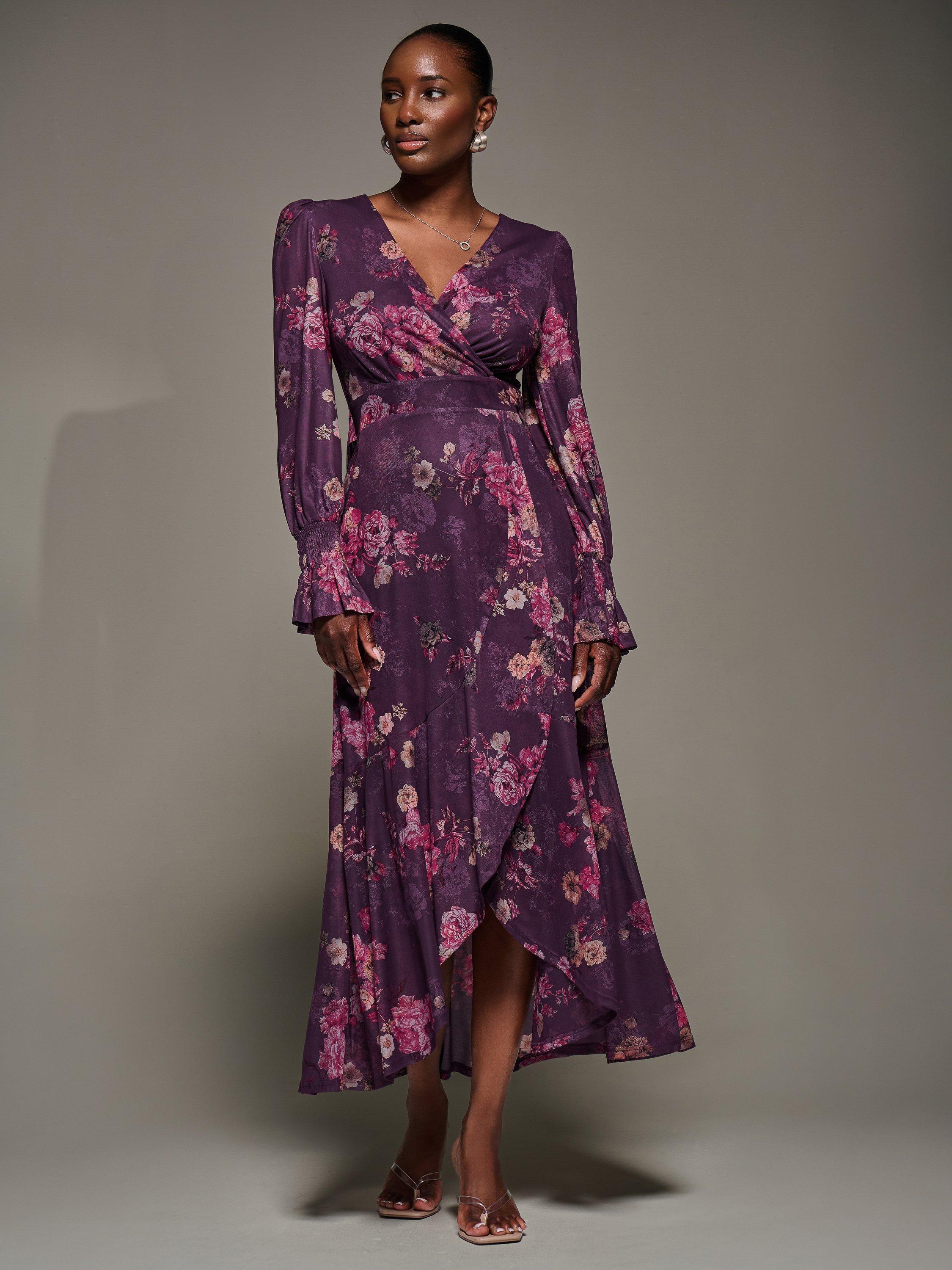 Jolie Moi Floral Long Sleeve Maxi Dress, Purple Floral