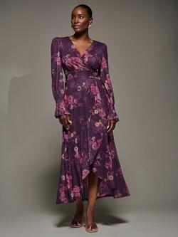 Jolie Moi Floral Long Sleeve Maxi Dress, Purple Floral, Purple Floral