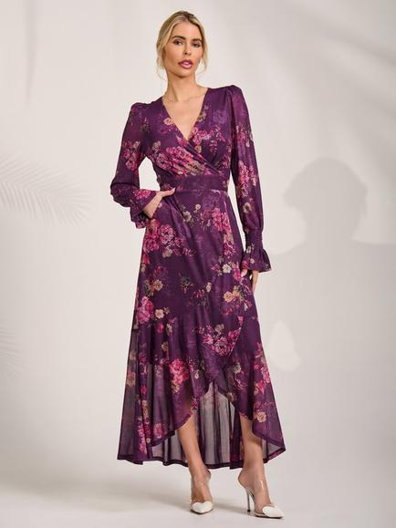 Jolie Moi Floral Long Sleeve Maxi Dress, Purple Floral, Purple Floral
