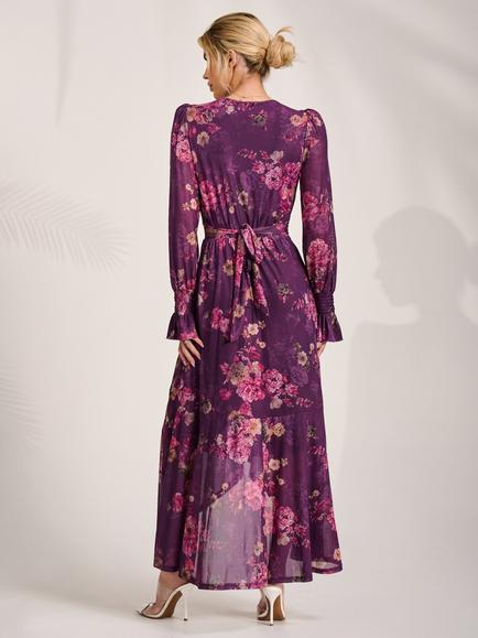 Jolie Moi Floral Long Sleeve Maxi Dress, Purple Floral - view 2, Purple Floral