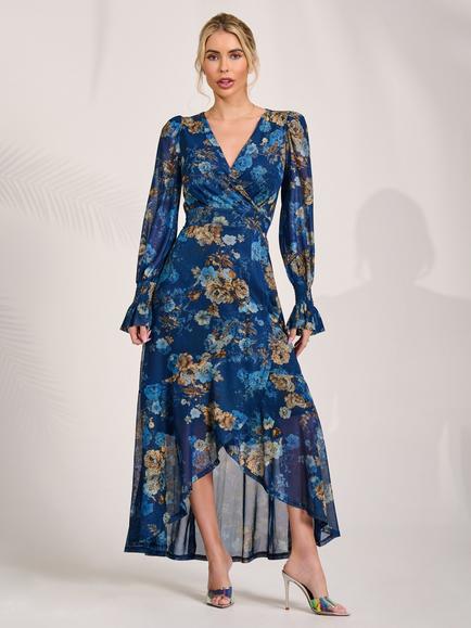 Jolie Moi Floral Long Sleeve Frill Dress, Navy Floral, Navy Floral