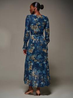 Jolie Moi Floral Long Sleeve Frill Dress, Navy Floral - view 2, Navy Floral