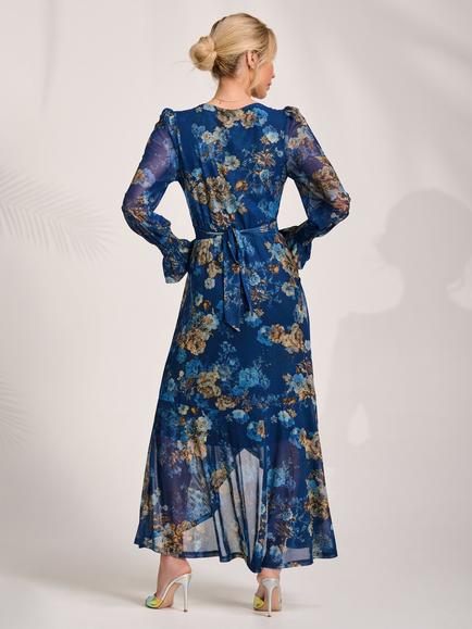 Jolie Moi Floral Long Sleeve Frill Dress, Navy Floral - view 2, Navy Floral